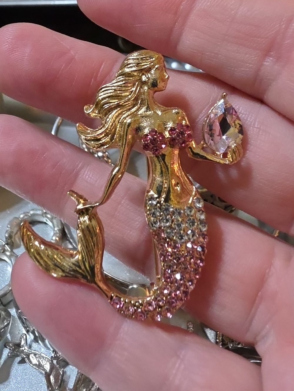 Gold-Tone Pink Crystal Mermaid Brooch with Clear Teardrop Accent